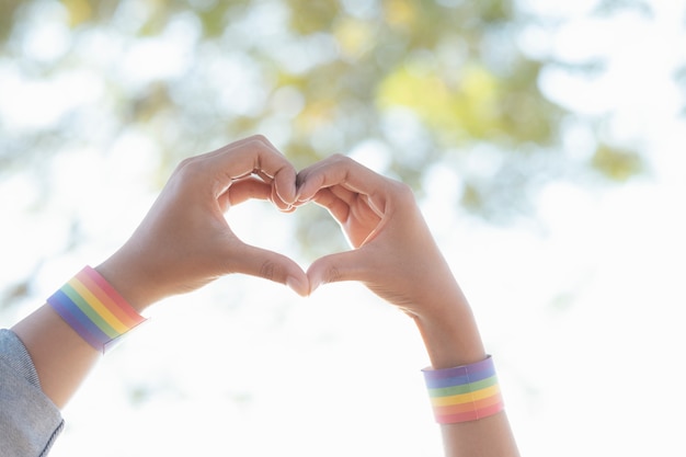 Close up hands of LGBTQ couple making a heart gesture.