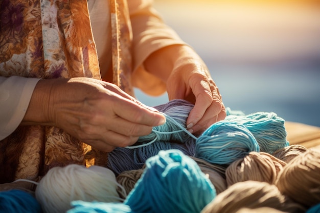 close up of hands making balls of yarn bokeh style background