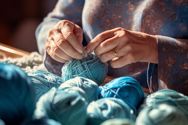 Photo close up of hands making balls of yarn bokeh style background