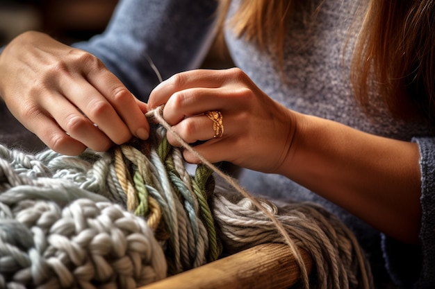 close up of hands making yarn bokeh style background