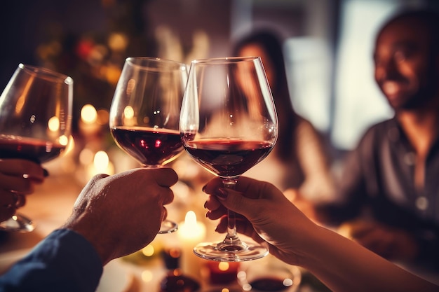 Photo close up of hands toasting wine glasses at dinner party on christmas at home