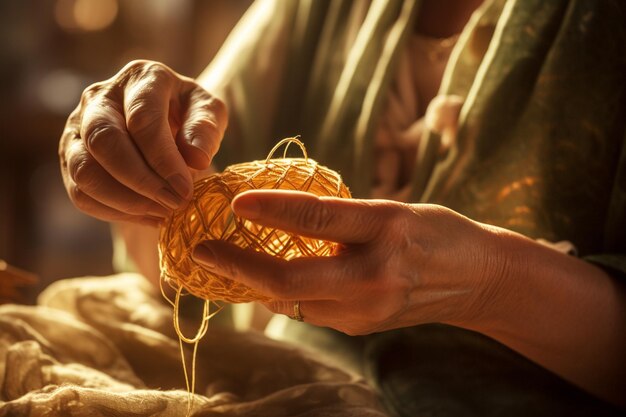 close up of hands touching yarn bokeh style background