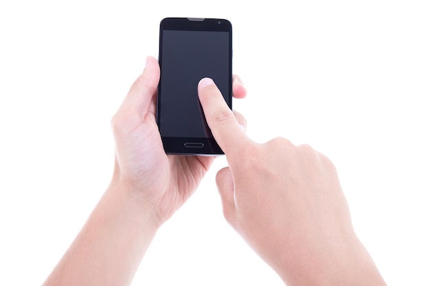 close up of hands using mobile smart phone with blank screen isolated on white background