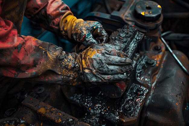 Close Up of Hands with Gloves and Oil