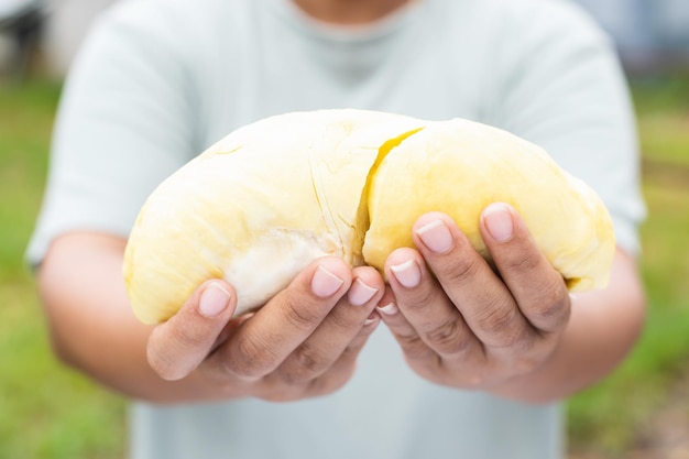 Close up hands woman holding Piece of peel Durian fruit