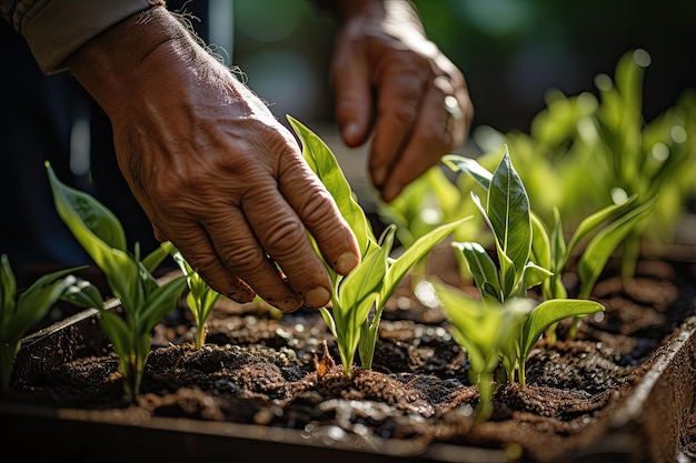 Photo close up hands of young farmer examining young corn maize crop plant in cultivated agricultural field generative ai