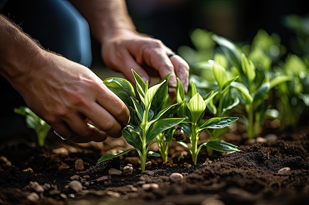 Photo close up hands of young farmer examining young corn maize crop plant in cultivated agricultural field generative ai