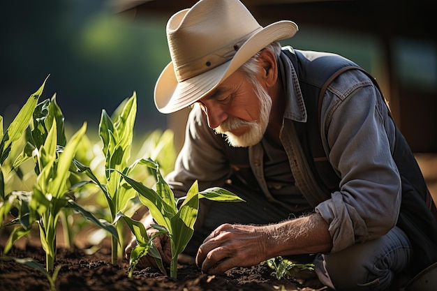 Photo close up hands of young farmer examining young corn maize crop plant in cultivated agricultural field generative ai