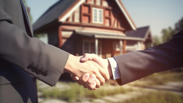 Photo close up of handshake of two men in business suits against the background of a country house