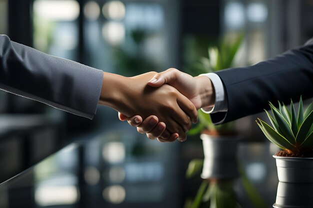 Close up of a handshake between two other businessmen.