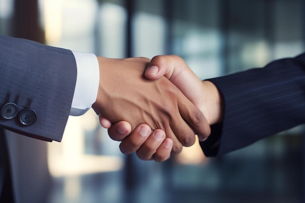 Close up of a handshake between two other businessmen.