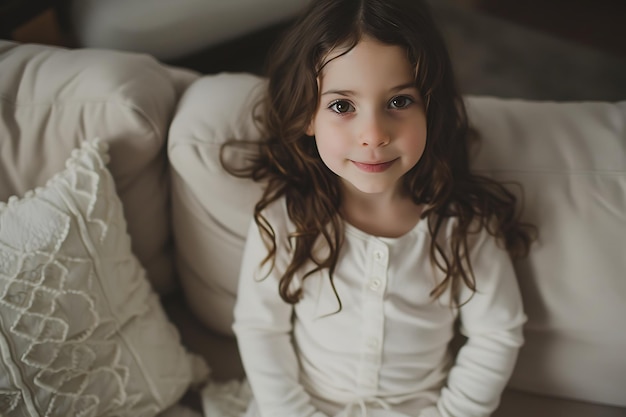 Close up of happy girl in white pajamas standing