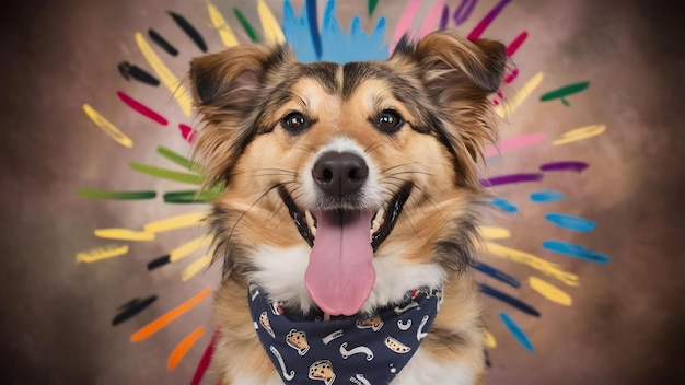 Foto close up di un cane felice e sano che guarda la telecamera con la lingua fuori