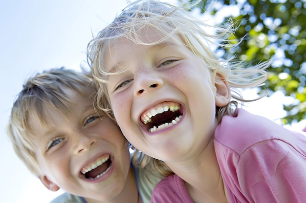 Photo close up happy kids outdoors