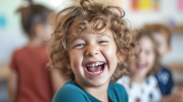 Photo close up of happy student with curly hair laugh while looking at camera aig