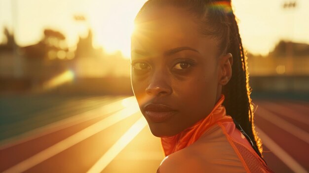 Photo close up of a happy woman on track at sunset smiling with lens flare