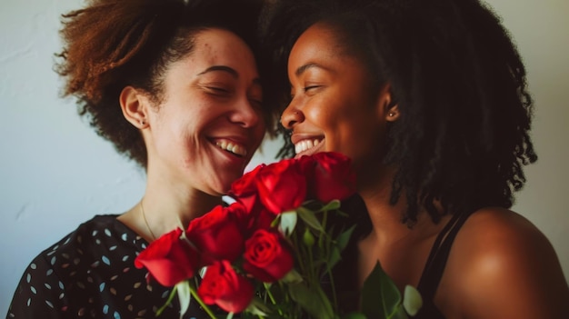 Close up of happy young lesbian couple together holding flowers Pride concept Generative AI