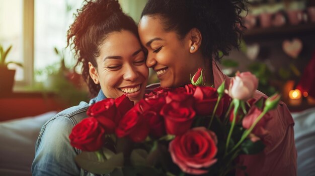 Close up of happy young lesbian couple together holding flowers Pride concept Generative AI