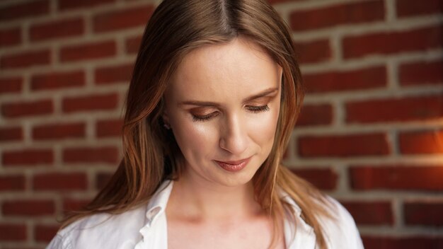 Close up Happy Young Woman Wearing Casual white shirt 