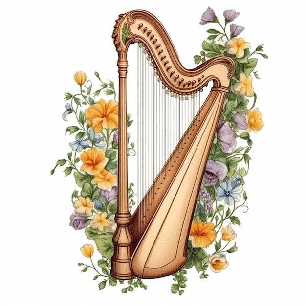 A close up of a harp with flowers around it generative ai