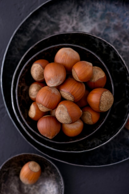 Close-up hazelnuts in plate