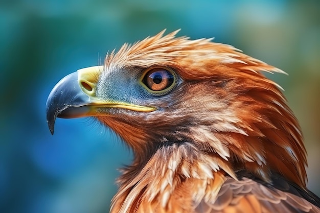 Foto chiudi la testa dell'aquila dietro lo sfondo sfocato della natura