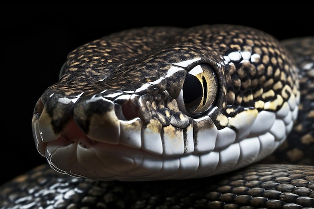 Close up of the head of a snake on a black background