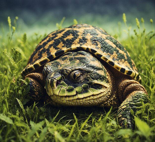 Close up of the head of a wild turtle in the grass