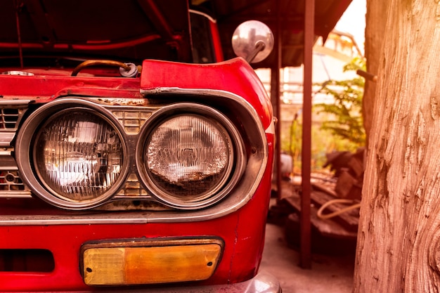 Close up headlight red retro car