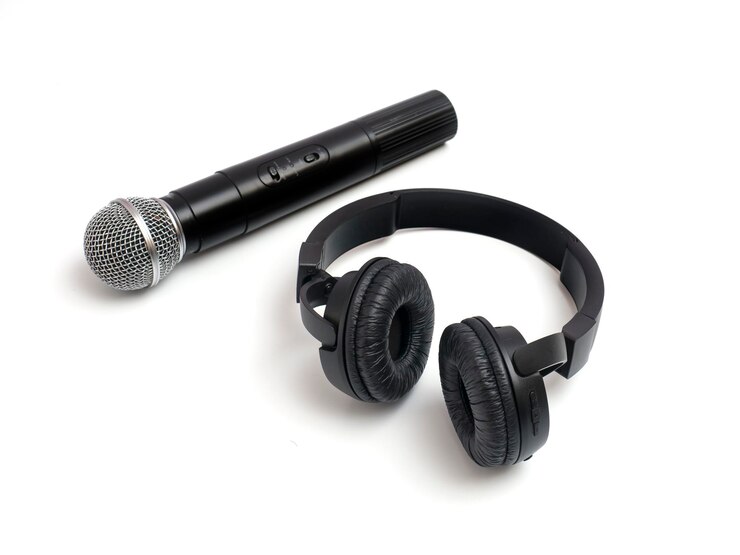 Photo close-up of headphones with microphone against white background