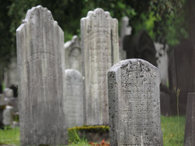 Close-up of headstones in cemetery