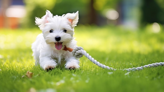крупным планом здоровая и счастливая белая собака играет в перетягивание веревочной игрушки на зеленой траве в саду