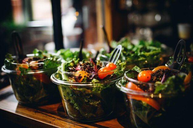 Photo close up of healthy salads served