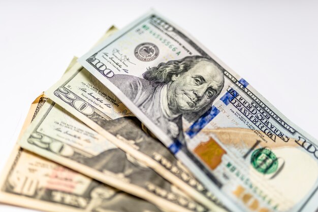 Photo close up heap of dollars, selective focus. dollars, the us money background.