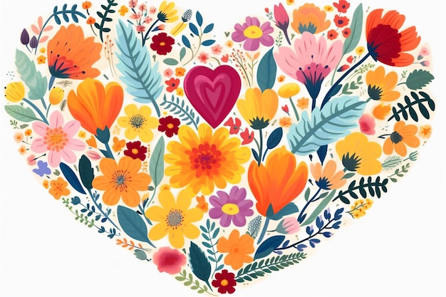 A close up of a heart shaped arrangement of flowers and leaves generative ai