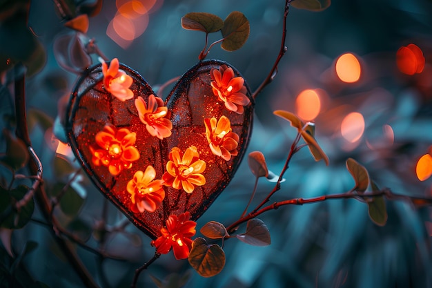 A close up of a heart shaped decoration on a tree