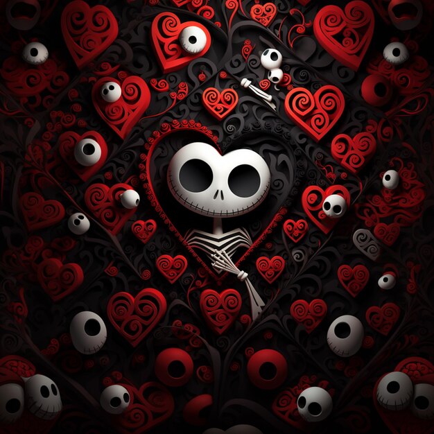 a close up of a heart shaped frame with a skeleton and hearts generative ai