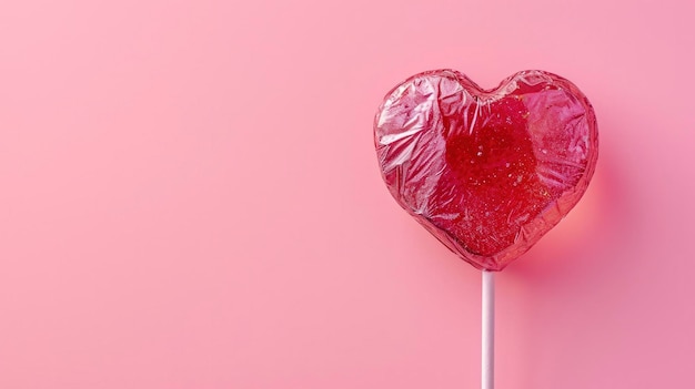 close up of a heart shaped lollipop on a pink background