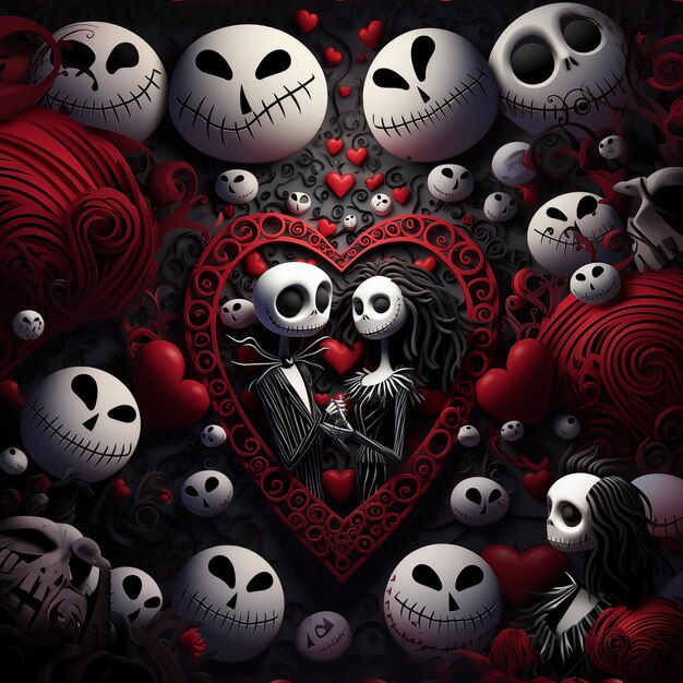 a close up of a heart surrounded by skulls and hearts generative ai