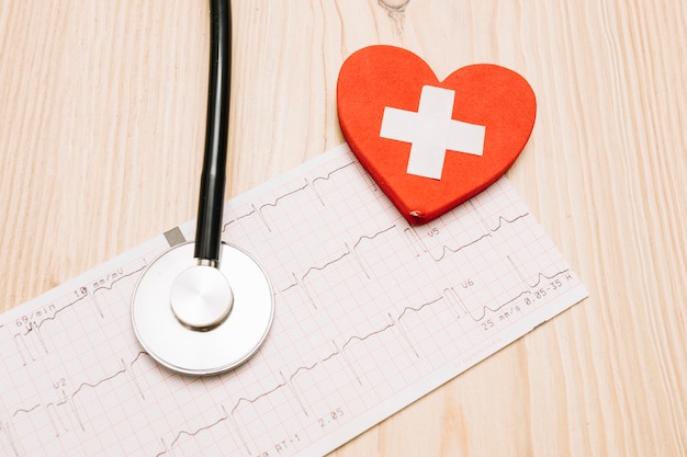 Photo close-up heart with cross and stethoscope on cardiogram