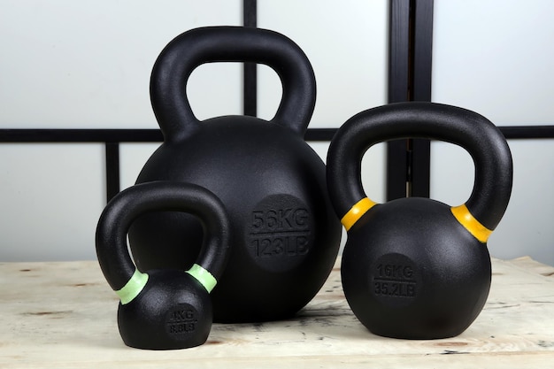 Close-up of heavy black kettlebell