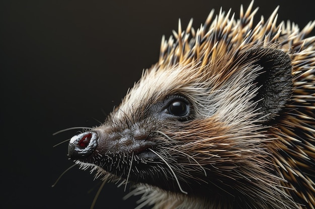 A close up of a hedgehogs face with its eyes open