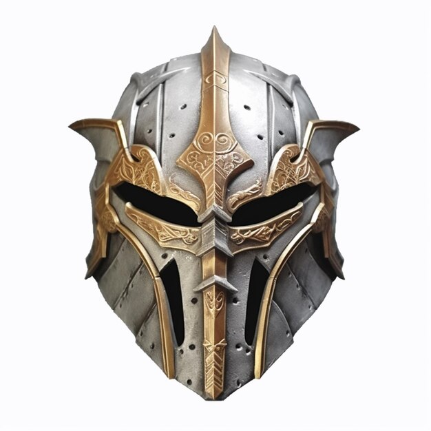 крупный план шлема с металлическим лицом и золотым и серебряным дизайном