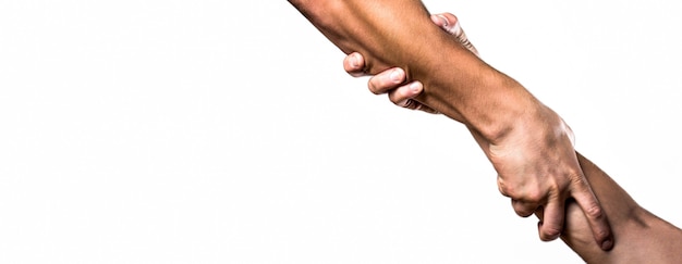 Photo close up help hand. helping hand concept, support. helping hand outstretched, isolated arm, salvation. two hands, helping arm of a friend, teamwork. rescue, helping gesture or hands. copy space.