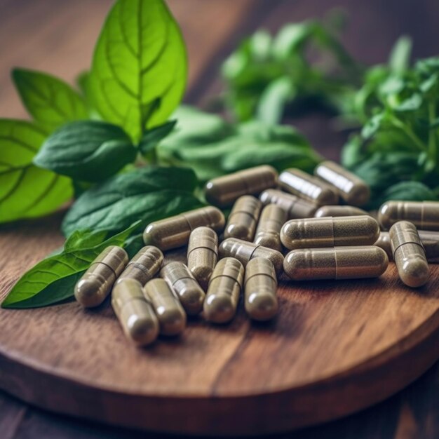 Close up of Herbal medicine in capsules from herb leaf on wooden table Healthy eating with natural product for good living