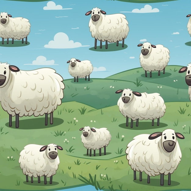 Крупный план стада овец, стоящего на пышном зеленом поле, генеративный ИИ