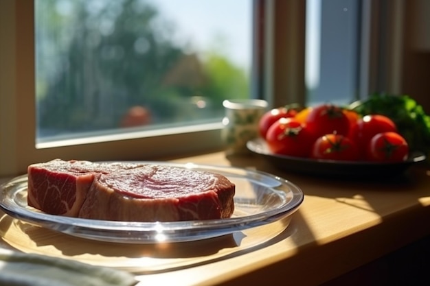 Close-up hete steaks op de houten tafel Generatieve AI