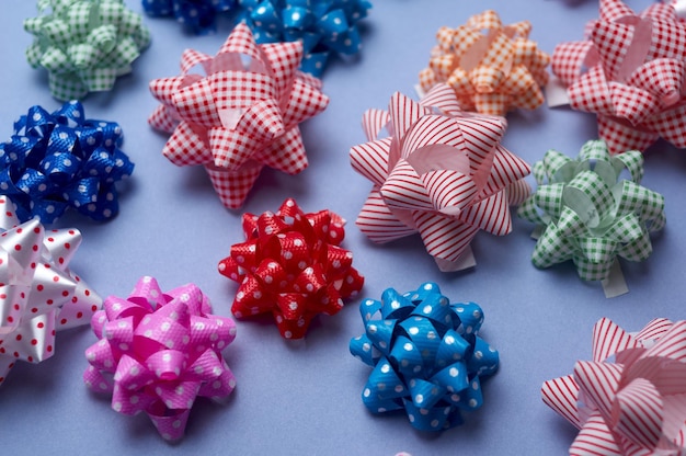 Close-up high angle view of bows on table