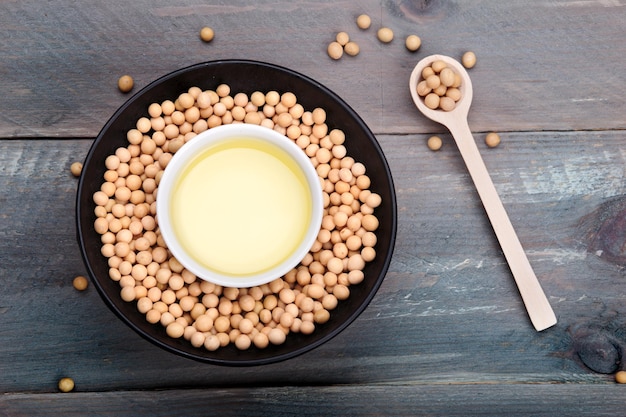 Close-up high angle view of soy beans and oil