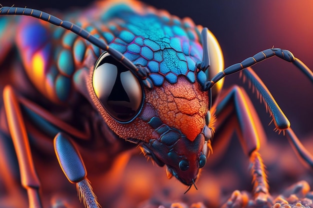 Close up and high detailed of colorful ant face natural background Generative AI